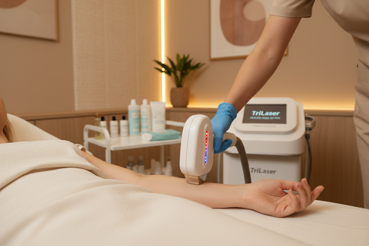 depilacion trilaser en brazos que se vea comoda e indoloro sin que aprezcan los rostros de las personas, ademas un ambiente calido y acogedor